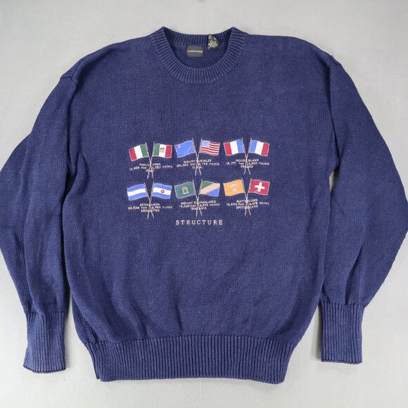 Vintage Structure Mountain Peaks Country Flags Sweater Sz L Navy Cotton Heavy - Picture 1 of 7